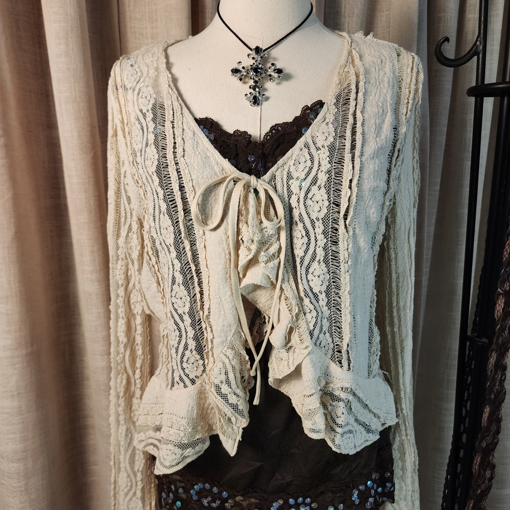 Peach Lace Cardigan XL Cream Ivory Cotton Blend Ruffle Tie Front Long Sleeve